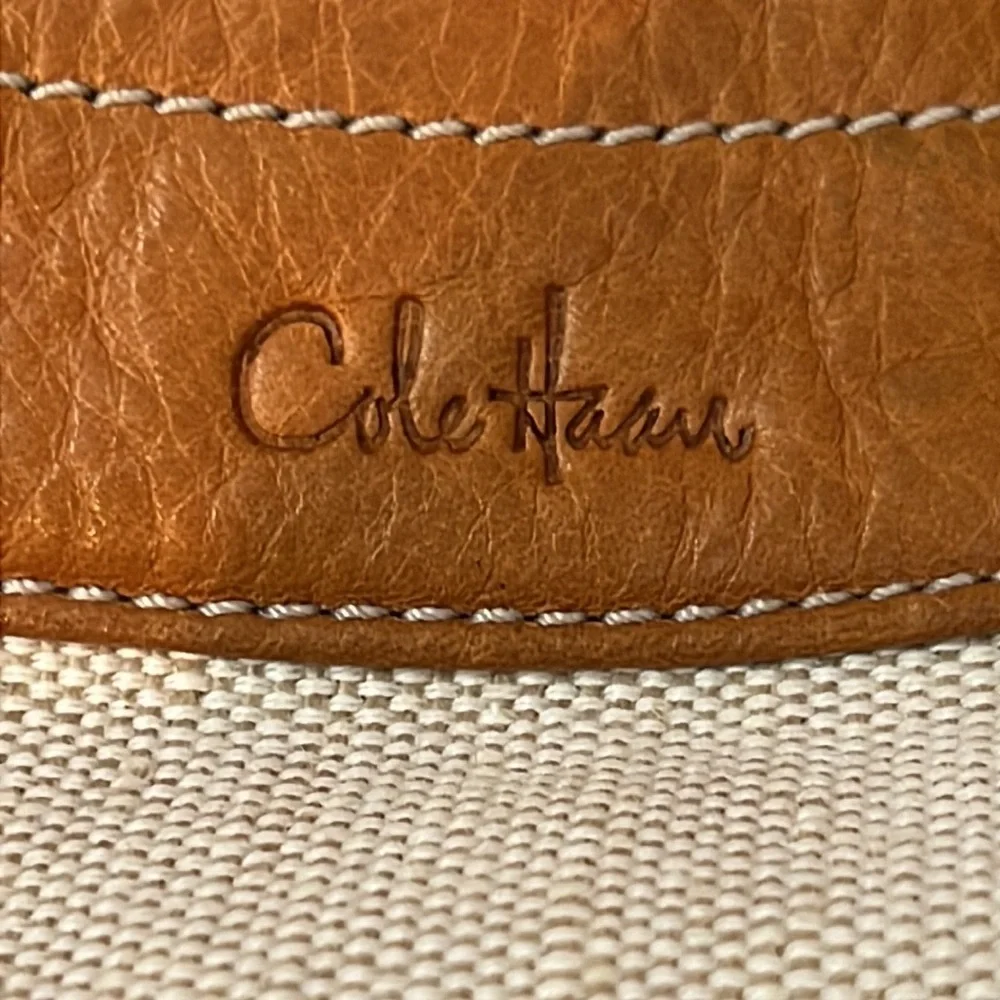 Cole Haan Vintage Stylish Tan Leather Cream Canvas Women's Bag Satchel Weekender